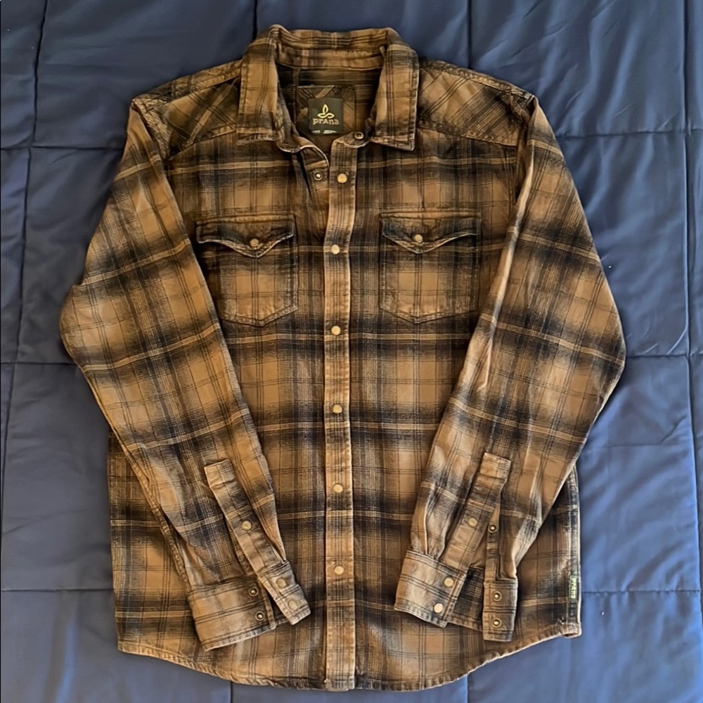 prAna Long Sleeve Snap Flannel Plaid Shirt w/ hint of Western Style